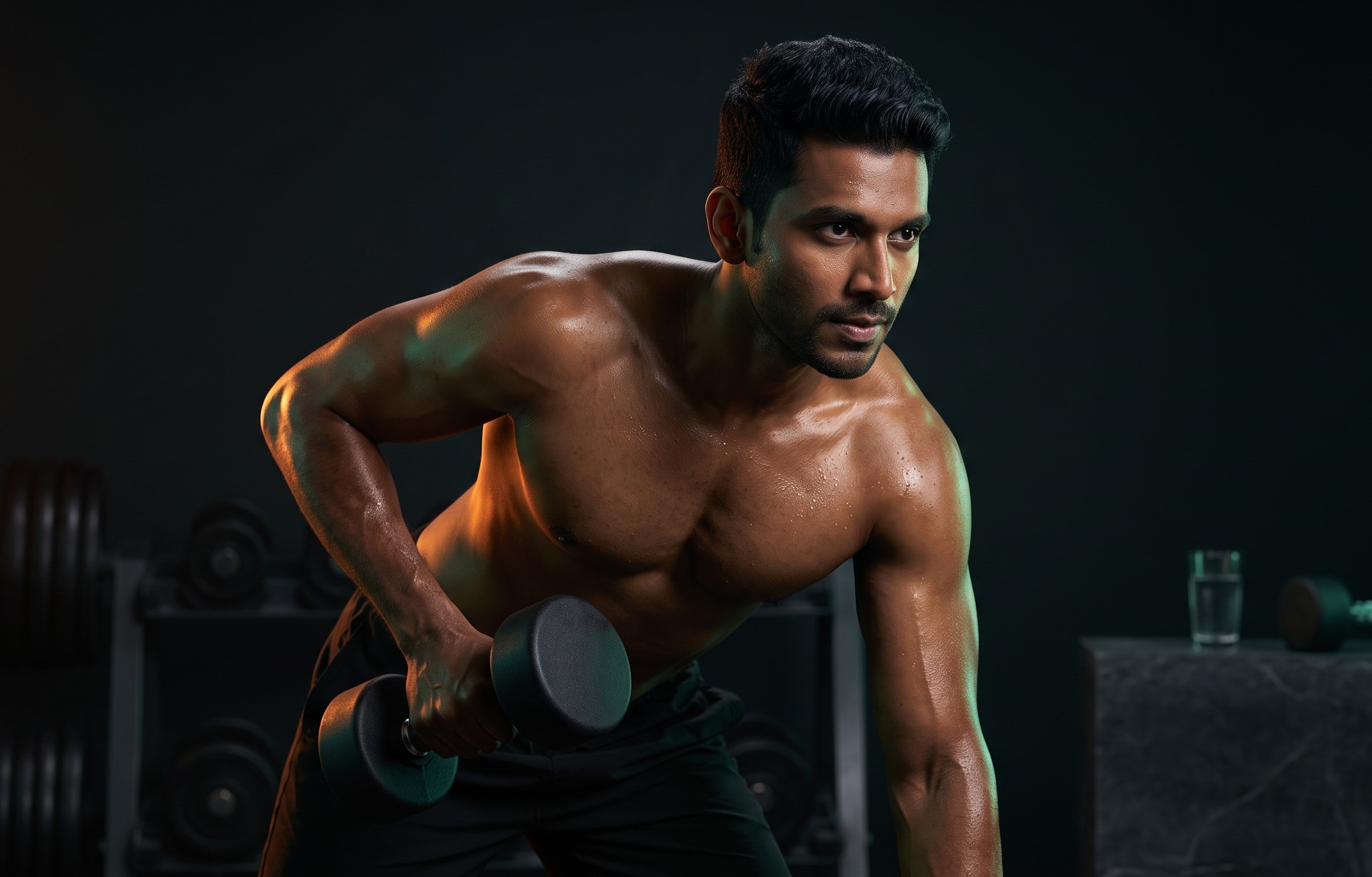 Fit athlete training with a dumbbell